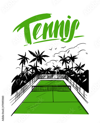 Tennis vector monochrome illustration, game court, hand drawn sketch, good for print for t-shirt, poster, background for design