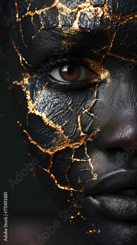 Close-up portrait of a beautiful woman with black skin and gold paint on her face