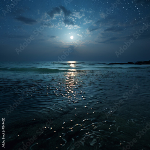 light blue beach covered with colored glowing glass, fluorescent ocean, moonlight, sparkling stars, 3d, ultrawide angle view, aerial view, ling stars moonlight on the ocean, reflection photo