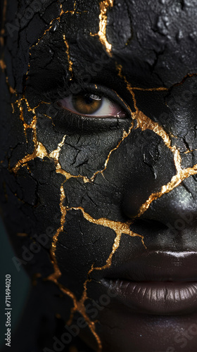 Art portrait of a woman with black paint on her face. Beauty, fashion.