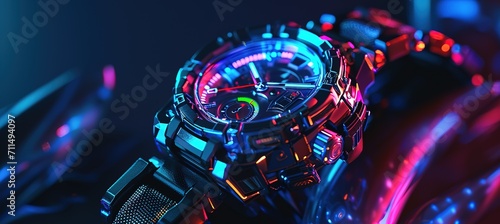 Futuristic watch design with an illuminated dial and intricate details highlighted by vibrant neon lighting