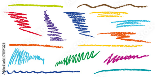 Stripes of color crayon brushes, set of doodle hand drawn elements. Streaks of chalk. Vector illustration