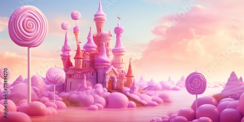a candy kingdom with a pink castle standing tall on a cotton candy landscape, surrounded by sweet treats and pastel colors photo