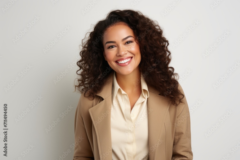 Portrait of happy young african american businesswoman in beige suit, looking at camera and smiling, over grey background Portrait of happy young african american businesswoman in beige suit, looking at camera and smiling, over grey background
