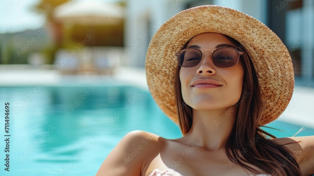 a woman in a leisurely pose by the pool, with a vacation vibe, creating a laid-back and inviting scene