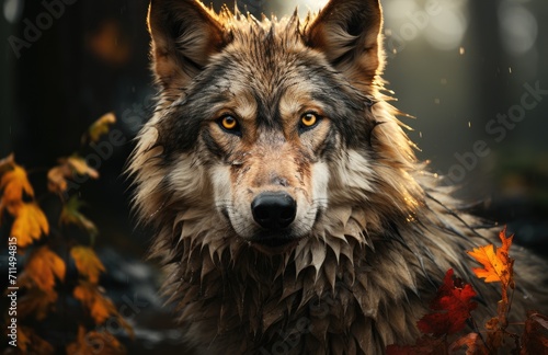 A majestic wolfdog, with piercing yellow eyes, stands tall in the autumn rain, exuding a wild and mysterious aura of the untamed wilderness © familymedia