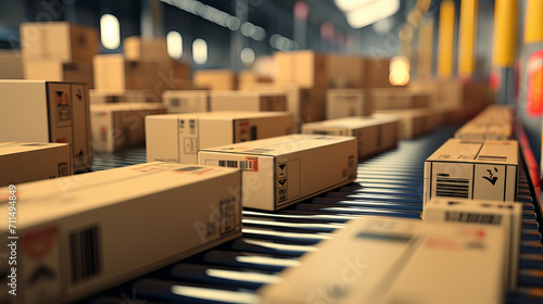 Closeup of multiple cardboard box packages seamlessly moving along a conveyor belt in a warehouse fulfillment center, a snapshot of e-commerce, delivery, automation and products. © Viktorikus