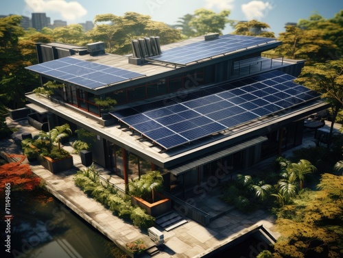 An eco-friendly house nestled among trees, its solar panels glinting in the sun as clouds drift by, harnessing the power of the sky for sustainable living