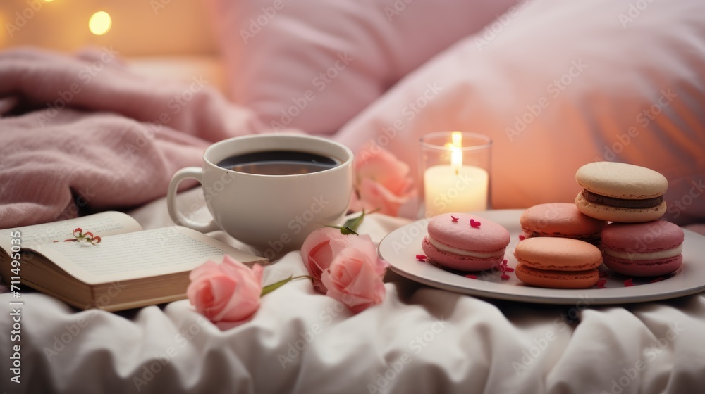 Breakfast in bed for Valentine's Day, tea and pink macaron, blurred background