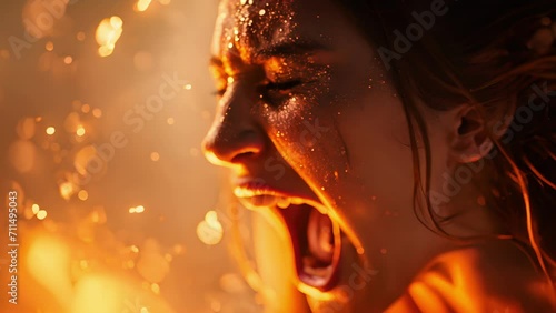 A dramatic closeup of a womans face as she closes her eyes and lets out a powerful scream, with fiery sparks surrounding her, capturing the explosive energy of her rockstar performance. photo