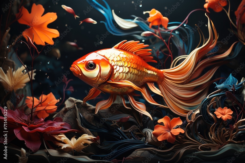 Amidst the vibrant coral reef, a majestic goldfish glides through its underwater kingdom, a testament to the intricate world of marine biology and the beauty of aquatic organisms