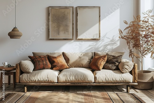 Rustic interior design of modern living room with beige fabric sofa and cushions. White wall with frame and space for text. © Stock
