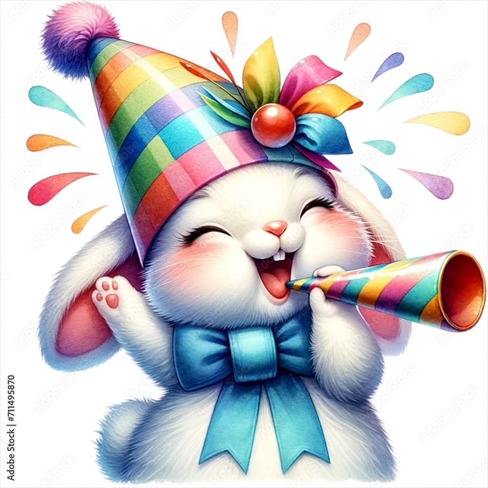 Naklejka premium An illustration of an Easter bunny wearing a party hat and blowing a horn, rendered in watercolor style.