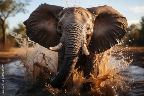 A majestic indian elephant joyfully cools off under the vast blue sky, playfully splashing water with its magnificent trunk