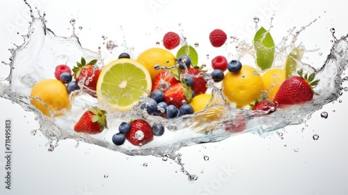 Set of fruits with fresh water splashes  white background  fresh fruit orange  grape  cherry  lemon  starbery.