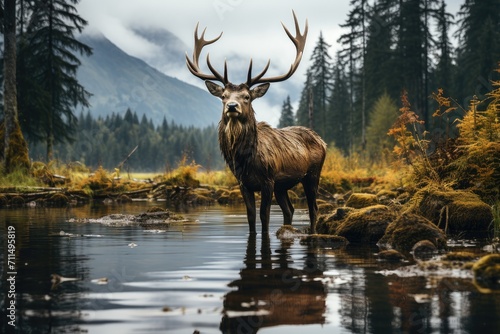 A majestic deer, with antlers reaching towards the sky, stands gracefully in the tranquil river, surrounded by the lush wilderness of trees and mountains, its reflection shimmering in the crystal cle