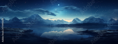 illustration of a panorama of a mountain valley and the starry sky. Created with Generative AI