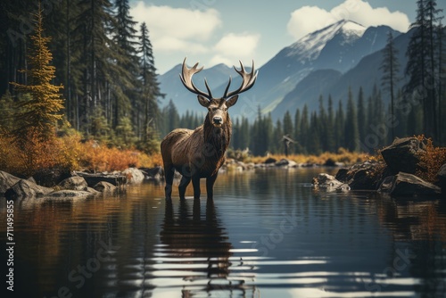 A majestic deer gracefully stands in the peaceful waters  its antlers reflecting the vibrant sky above and the tranquil wilderness surrounding it