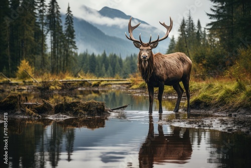 Amidst the serene wilderness, a majestic moose stands in the rippling waters, its antlers reflecting the tranquil sky above as it surveys its natural domain © familymedia