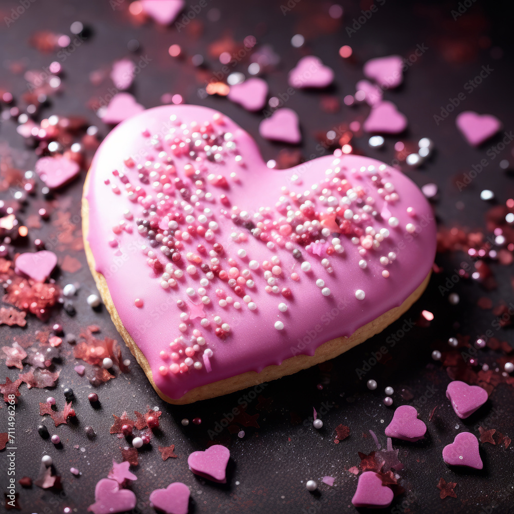 Heartfelt Delight: Irresistible Heart-Shaped Cookie with Pink Icing and Sprinkles