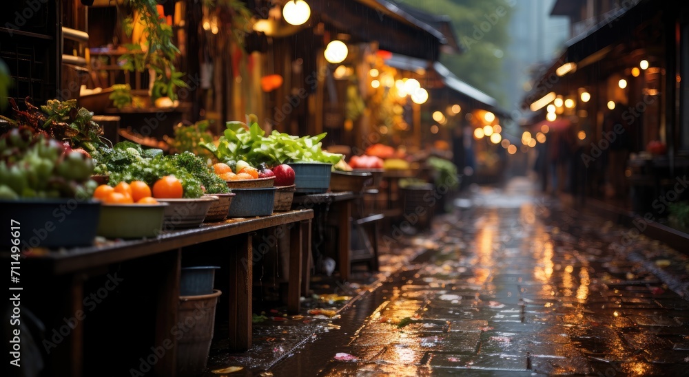 Amidst the bustling city, a vibrant marketplace illuminated by the warm glow of lights and the smell of delicious food fills the outdoor street, as the rain gently falls upon the buildings and plants