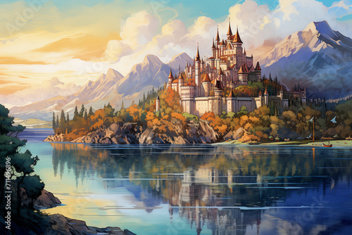 illustration of a fairytale medieval castle on the lake. Created with Generative AI