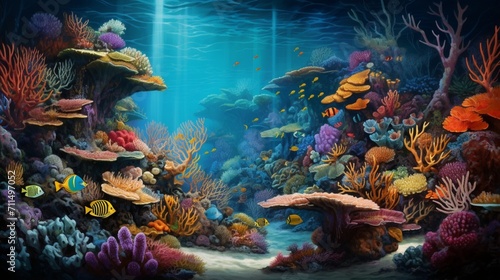 An intricately realistic seascape portraying a vibrant coral reef beneath clear waters  teeming with diverse marine life - Generative AI