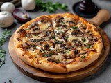 pizza funghi served on a wooden cutting board . generative ai