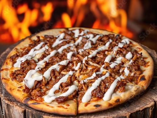 pizza with kebab meat scraps and mild white sauce served infront of the burning logs . generative ai