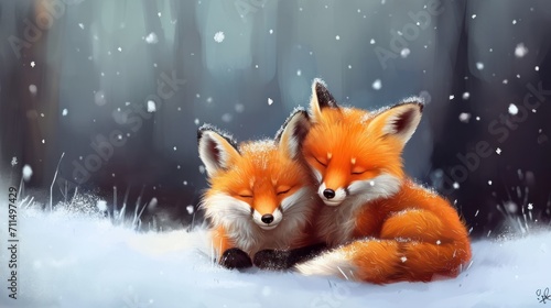two small cute foxes in the snow,illustration,animals in the snow 