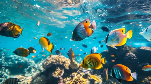 Underwater adventure swimming with colorful fish in tropical paradise 