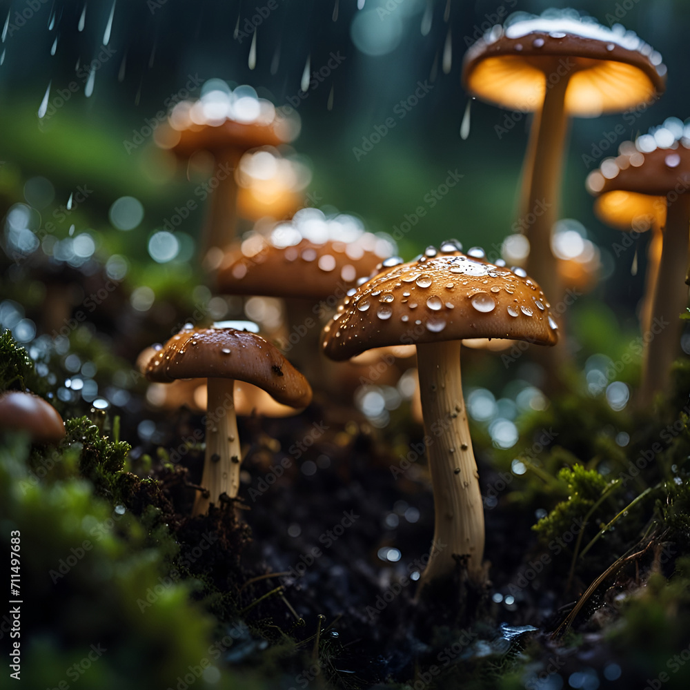 Pilze im Regen voller Tau und Tropfen im Wald, Nahaufnahme der frischen üppigen Natur im Sommer