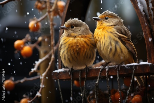 Amidst the cold winter landscape, two oscine songbirds, a sparrow and robin, sit perched on a metal shelf, their brown feathers blending in with the surrounding branches as they sing their melodic tu © familymedia