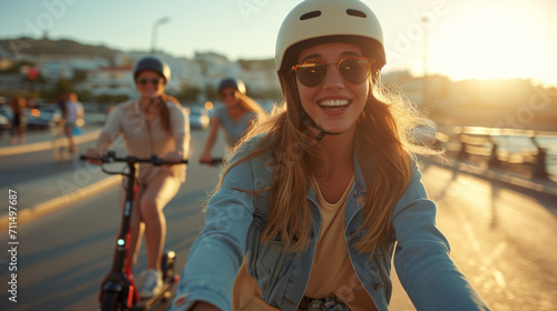 Groups of friends on bikes and electric scooters