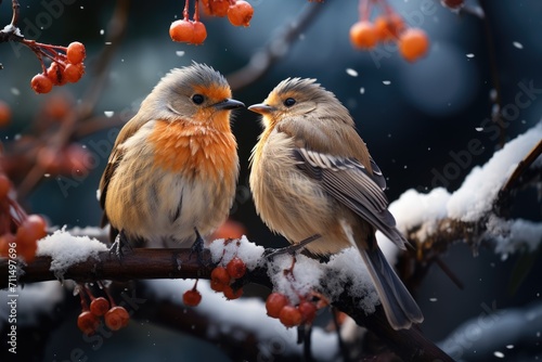 Amidst a serene winter wonderland, two oscine songbirds perch on a snow-covered branch, their melodic calls echoing through the cold, showcasing the resilient beauty of wildlife in the midst of a har © familymedia