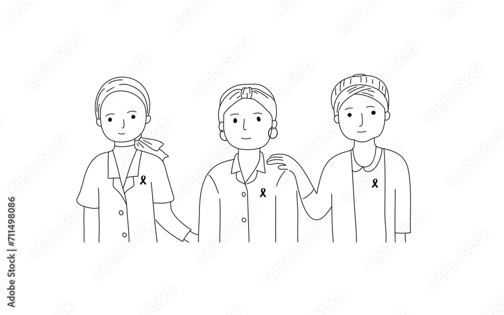 Happy cancer patients in hand drawn black line drawing vector style. Happy cancer patients in hand drawn black line drawing vector style.