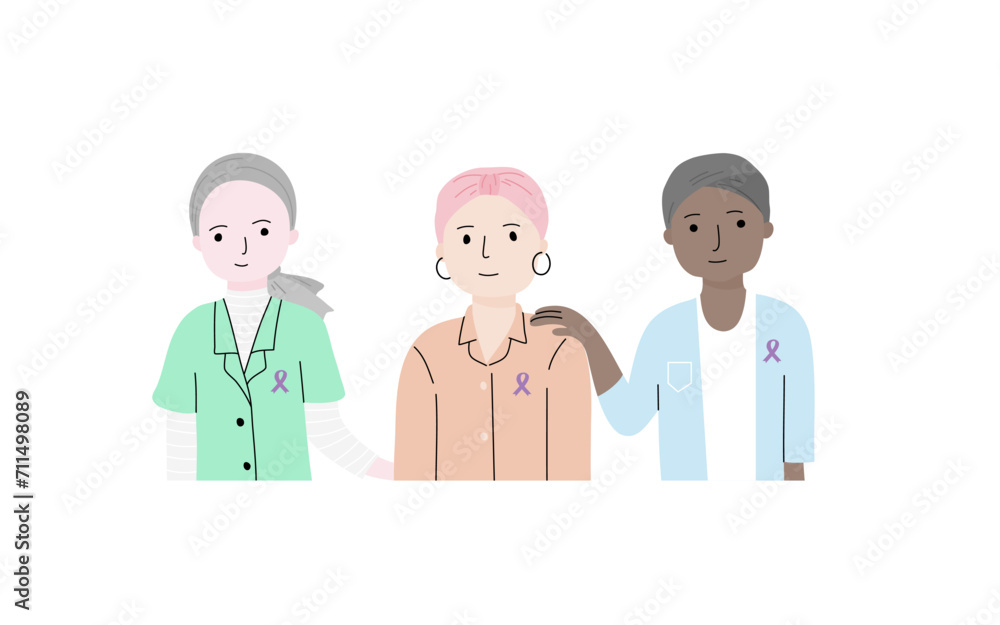 Happy cancer patients in hand drawn flat vector style.