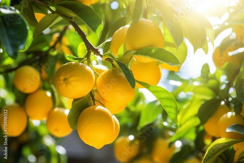 Organic ripe yellow lemons on citrus branches with green leaves in sunny fruiting garden