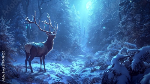Winter Northern majestic deer in the magical winter night forest. Winter landscape with deer, big beautiful antlers, winter illumination, moonlight, neon 
