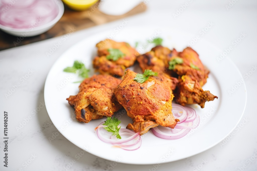 uncooked tandoori chicken thighs on a white plate