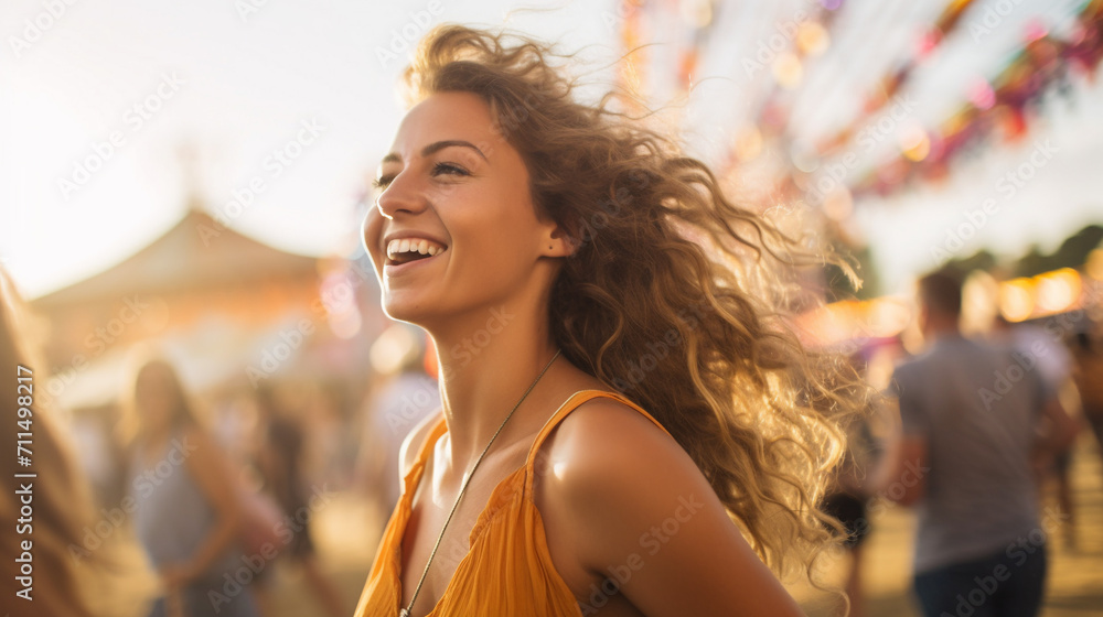 Joy Unleashed: Free-Spirited Woman Celebrating at a Festival with Shallow Depth of Field Joy Unleashed: Free-Spirited Woman Celebrating at a Festival with Shallow Depth of Field