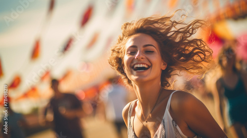 Joy Unleashed: Free-Spirited Woman Celebrating at a Festival with Shallow Depth of Field