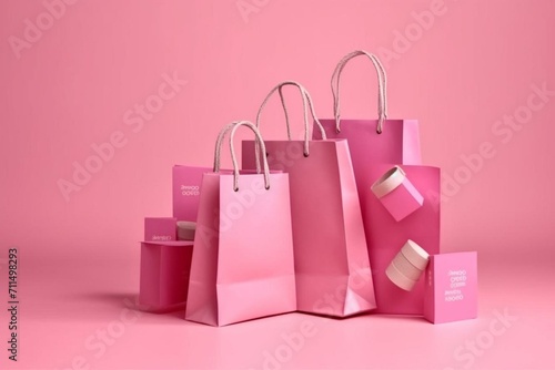 Pink shopping bags with sale tag on background. Sale campaign, discount idea. Generative AI