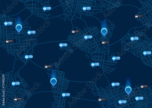 The concept of selecting a rental car on the map. Cars with different assessments of their condition. App for search, rent transport. Map location mark. Vector illustration