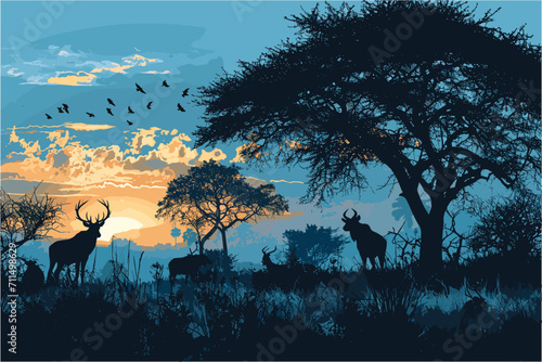 African wild animals  silhouette in nature background