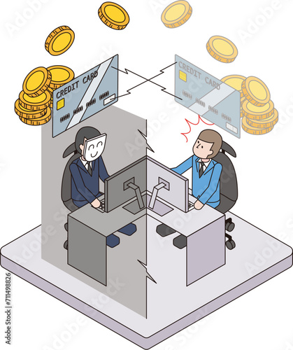 会社内のコンピュータをスキミングされてクレジットカード情報を盗まれているアイソメイラスト