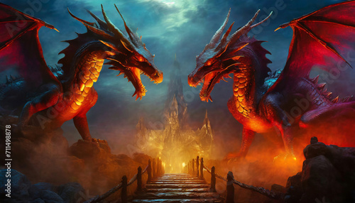 Two dragons guards the path across the bridge, legendary beast, fantasy landscape