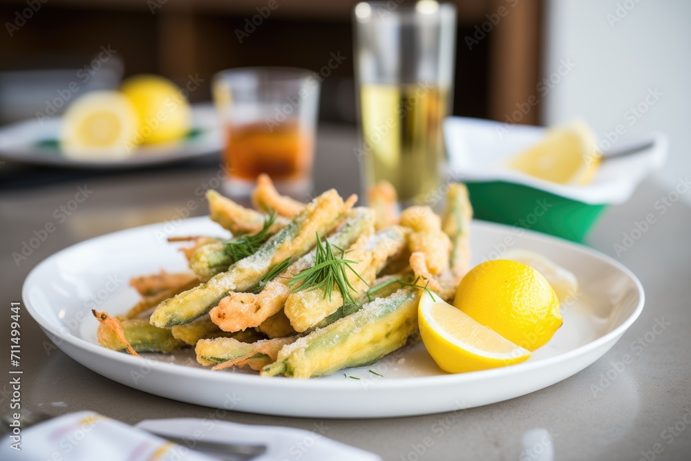 whole tempura okra displayed with a lemon slice