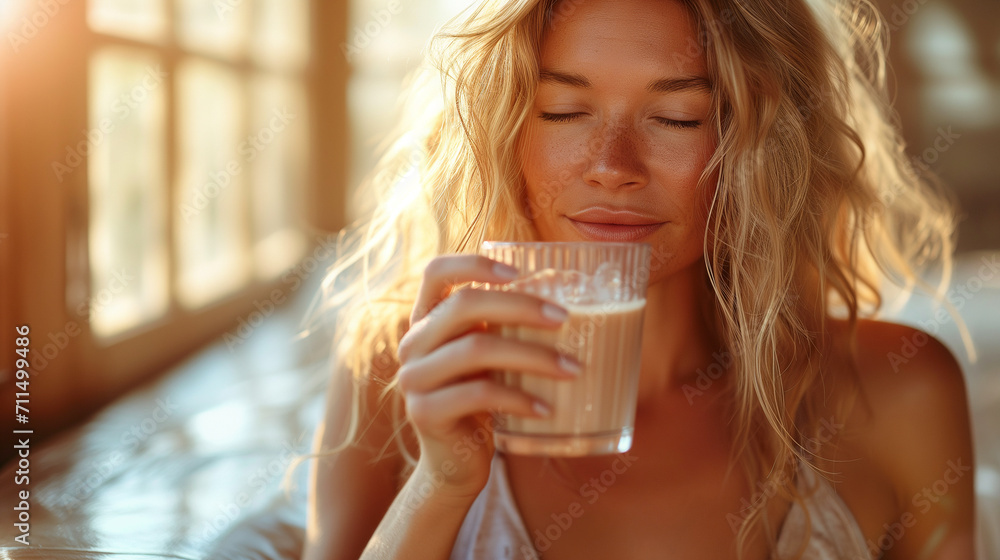 Attractive happy middle aged woman is sitting on sofa in living room. Smiling adult lady enjoys drinking coffee or tea sitting on couch at home Attractive happy middle aged woman is sitting on sofa in living room. Smiling adult lady enjoys drinking coffee or tea sitting on couch at home