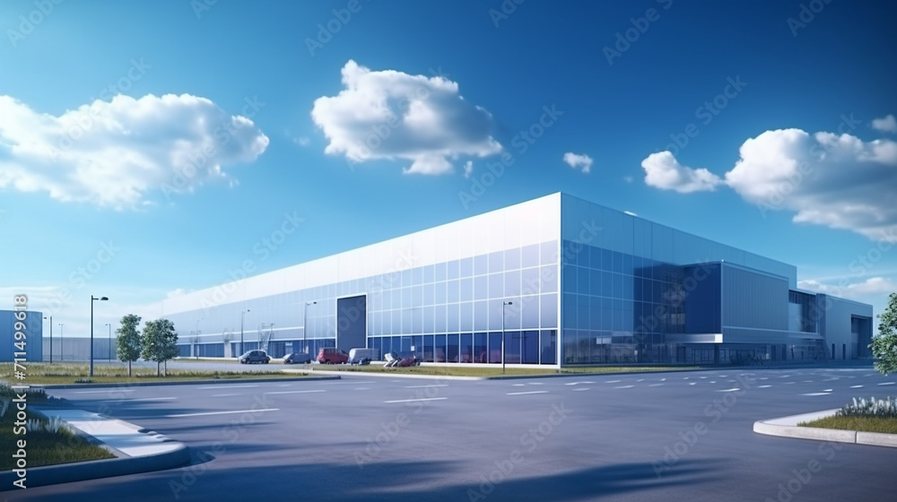 Skyline Harmony: New Age Logistics Center or Office Headquarters on a Blue Sky Canvas